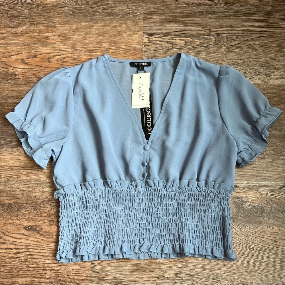 Papaya Blue Smocked Crop Blouse